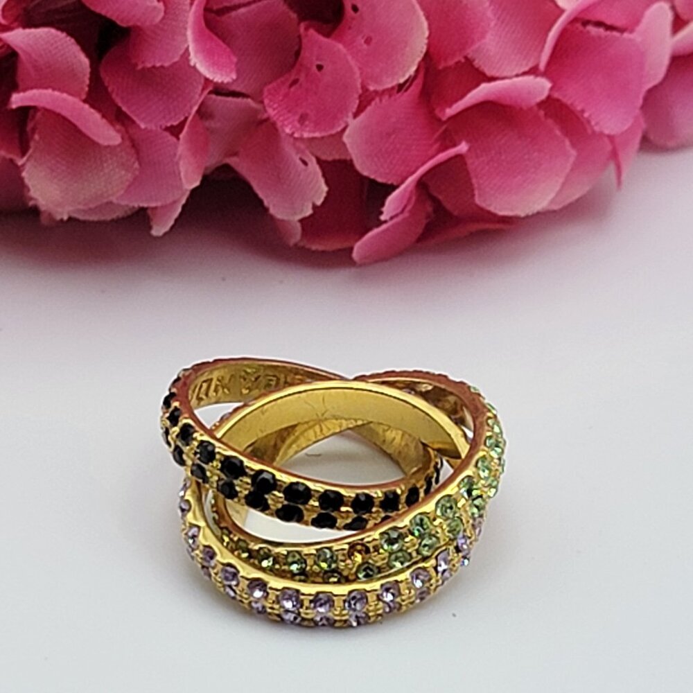 Vintage LANDAU Gold Plated Multicolor Cubic Zirconia 3-Interlocking Ring Size 5